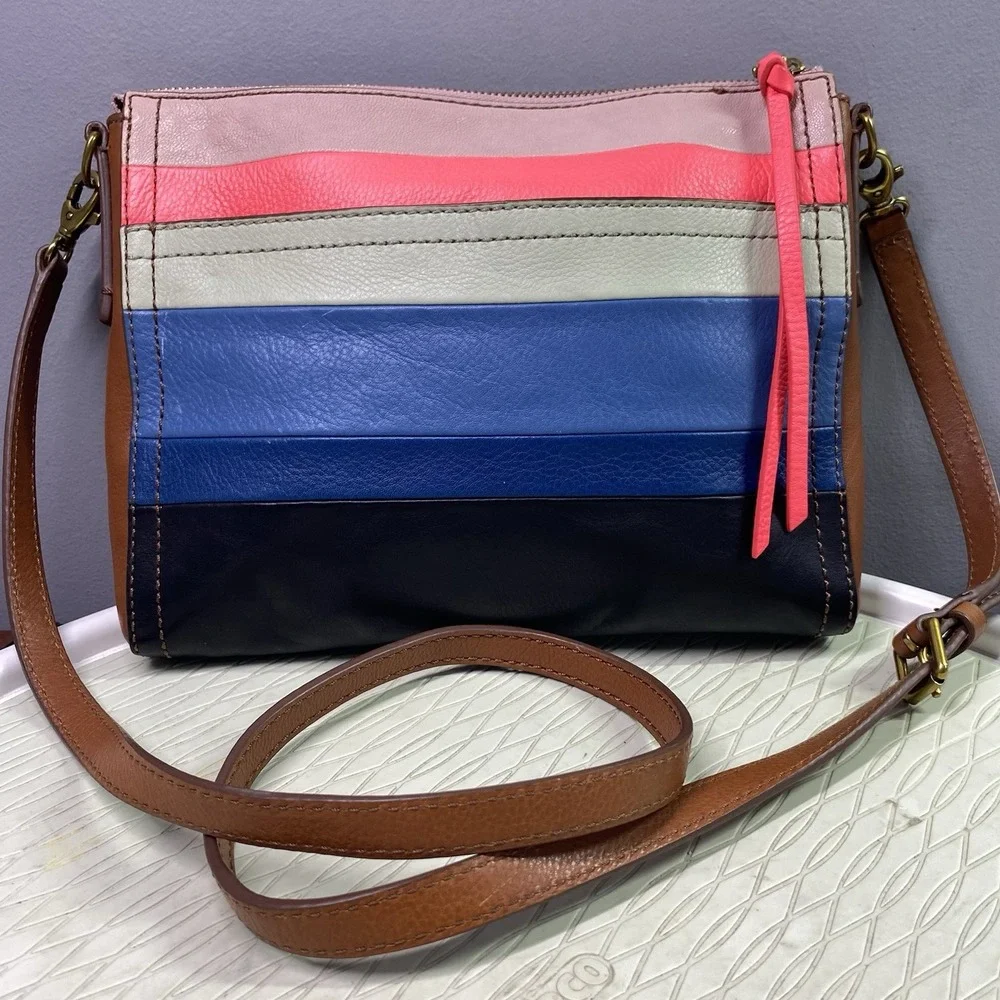 Fossil Striped Leather Top-Zip Women's Crossbody‎ Bag Blue/Black/Orange 8x9.5x1